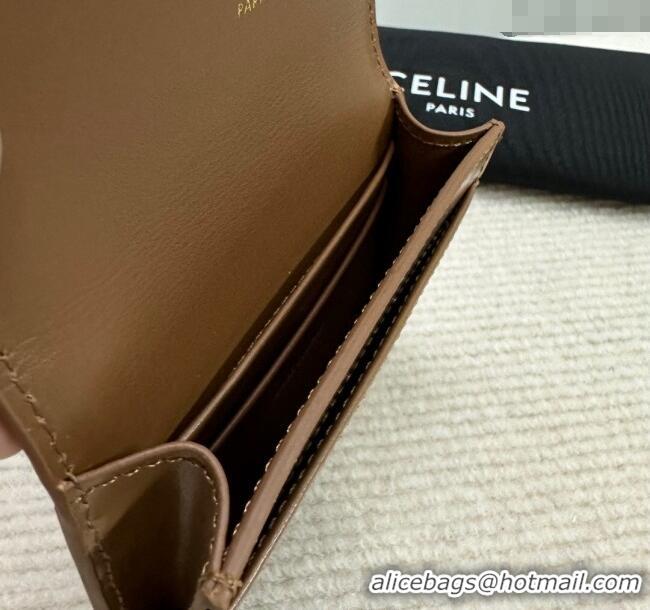 Top Quality Celine Card Holder Wallet with Flap Triomphe in Shiny Calfskin 10D583 Bronze 2024