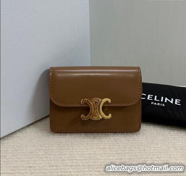 Top Quality Celine Card Holder Wallet with Flap Triomphe in Shiny Calfskin 10D583 Bronze 2024