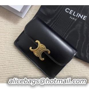 Top Grade Celine Card Holder Wallet with Flap Triomphe in Shiny Calfskin 10D583 Black 2024