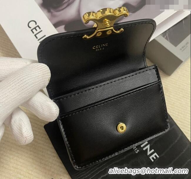 Top Grade Celine Card Holder Wallet with Flap Triomphe in Shiny Calfskin 10D583 Black 2024