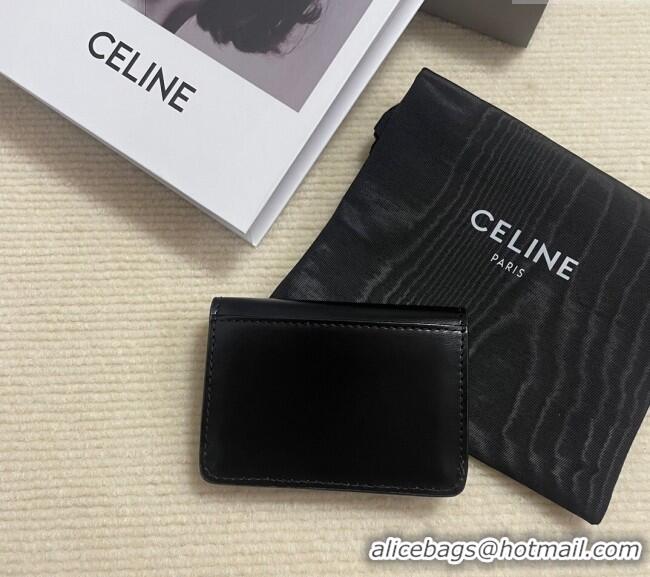 Top Grade Celine Card Holder Wallet with Flap Triomphe in Shiny Calfskin 10D583 Black 2024