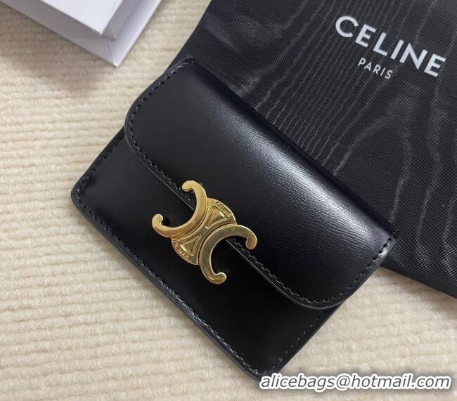 Top Grade Celine Card Holder Wallet with Flap Triomphe in Shiny Calfskin 10D583 Black 2024