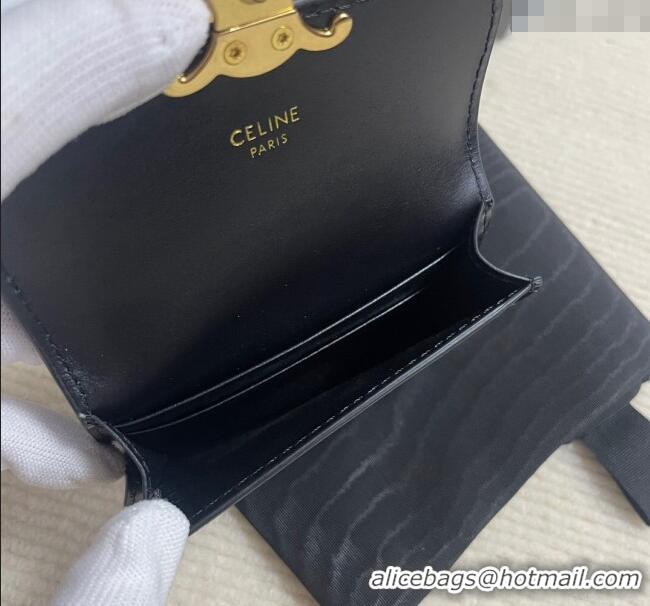 Top Grade Celine Card Holder Wallet with Flap Triomphe in Shiny Calfskin 10D583 Black 2024