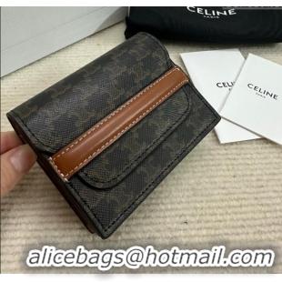 Best Price Celine Business Card Holder in Triomphe Canvas and Lambskin 10E242 Tan Brown 2024