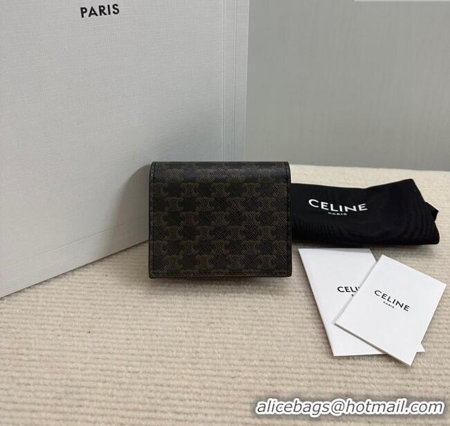 Best Price Celine Business Card Holder in Triomphe Canvas and Lambskin 10E242 Tan Brown 2024