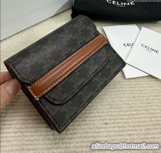 Best Price Celine Business Card Holder in Triomphe Canvas and Lambskin 10E242 Tan Brown 2024