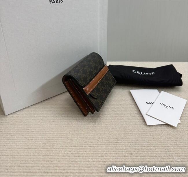 Best Price Celine Business Card Holder in Triomphe Canvas and Lambskin 10E242 Tan Brown 2024