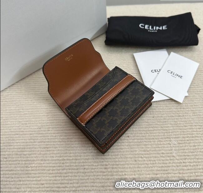Best Price Celine Business Card Holder in Triomphe Canvas and Lambskin 10E242 Tan Brown 2024