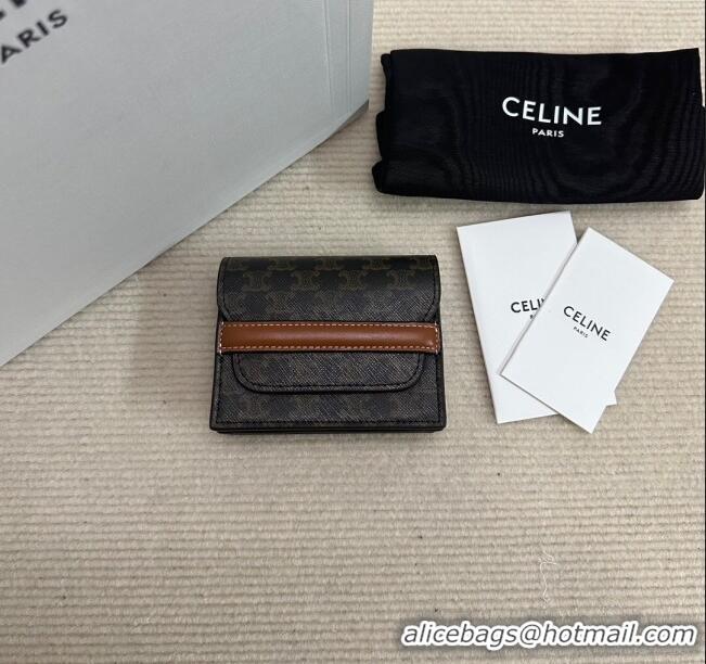 Best Price Celine Business Card Holder in Triomphe Canvas and Lambskin 10E242 Tan Brown 2024