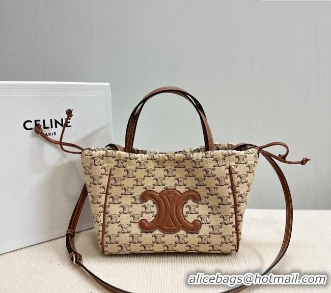 Buy Bulk Celine Small Cabas Drawstring Cuir Tote Bag in Triomphe Canvas 111013 Beige 2024