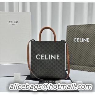 Grade Quality Celine Small Vertical Cabas Tote Bag in Triomphe Canvas and Calfskin 60007 Tan Brown 2024