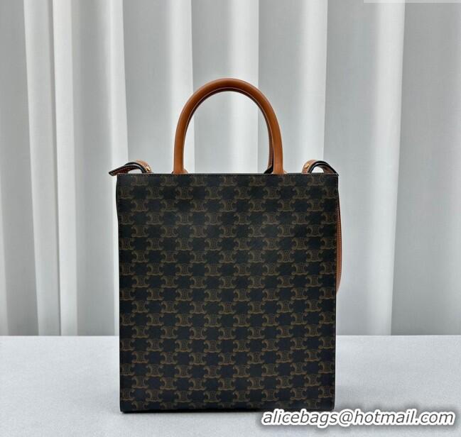Grade Quality Celine Small Vertical Cabas Tote Bag in Triomphe Canvas and Calfskin 60007 Tan Brown 2024
