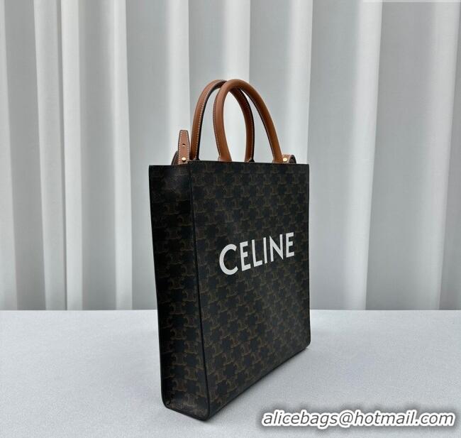 Grade Quality Celine Small Vertical Cabas Tote Bag in Triomphe Canvas and Calfskin 60007 Tan Brown 2024