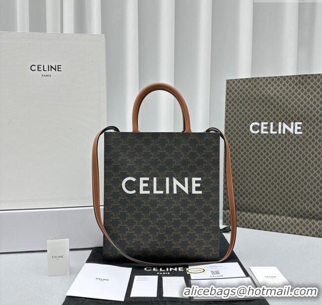 Grade Quality Celine Small Vertical Cabas Tote Bag in Triomphe Canvas and Calfskin 60007 Tan Brown 2024
