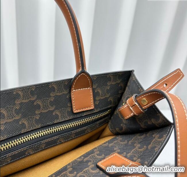 Grade Quality Celine Small Vertical Cabas Tote Bag in Triomphe Canvas and Calfskin 60007 Tan Brown 2024