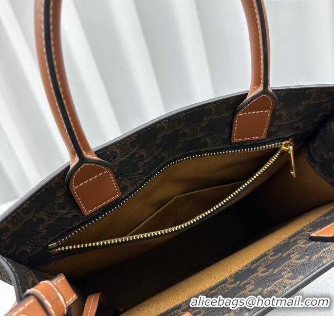 Grade Quality Celine Small Vertical Cabas Tote Bag in Triomphe Canvas and Calfskin 60007 Tan Brown 2024