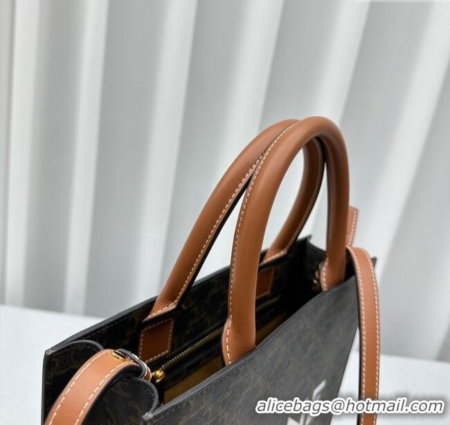 Grade Quality Celine Small Vertical Cabas Tote Bag in Triomphe Canvas and Calfskin 60007 Tan Brown 2024