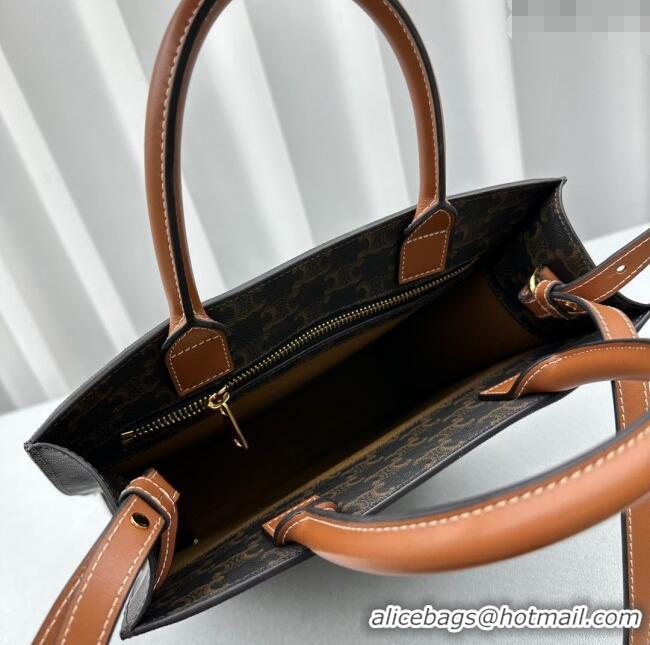 Grade Quality Celine Small Vertical Cabas Tote Bag in Triomphe Canvas and Calfskin 60007 Tan Brown 2024