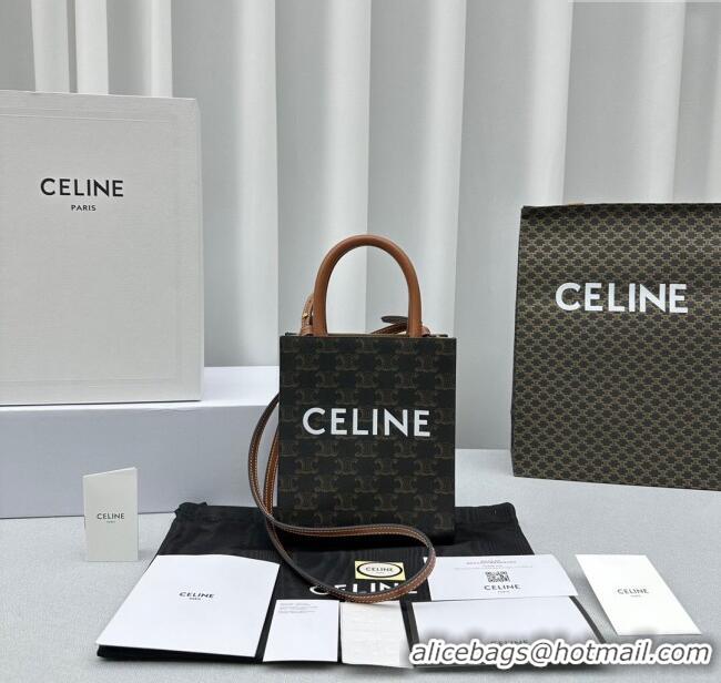 Classic Specials Celine Mini Vertical Cabas Tote Bag in Triomphe Canvas and Calfskin 60007 Tan Brown 2024