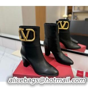 Classic Hot Valentino Maxi-VLogo Heel Ankle Boots 8cm in Calfskin Leather Black VLTN121603 1216026