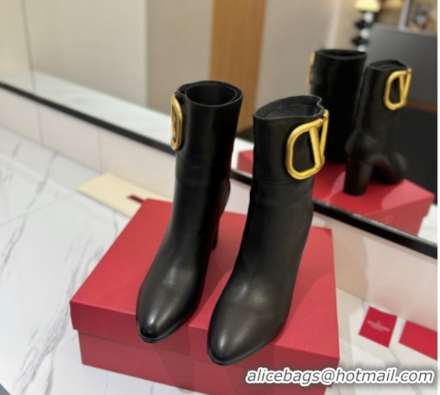 Classic Hot Valentino Maxi-VLogo Heel Ankle Boots 8cm in Calfskin Leather Black VLTN121603 1216026