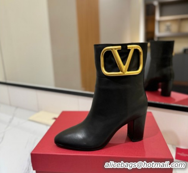 Classic Hot Valentino Maxi-VLogo Heel Ankle Boots 8cm in Calfskin Leather Black VLTN121603 1216026