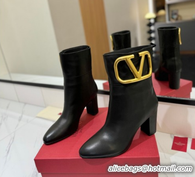 Classic Hot Valentino Maxi-VLogo Heel Ankle Boots 8cm in Calfskin Leather Black VLTN121603 1216026