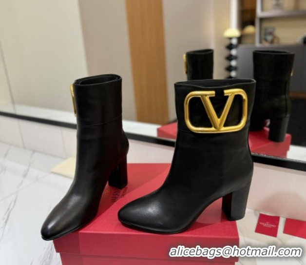 Classic Hot Valentino Maxi-VLogo Heel Ankle Boots 8cm in Calfskin Leather Black VLTN121603 1216026