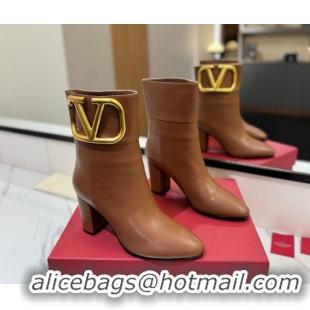 Good Quality Valentino Maxi-VLogo Heel Ankle Boots 8cm in Calfskin Leather Brown VLTN121603 51216027