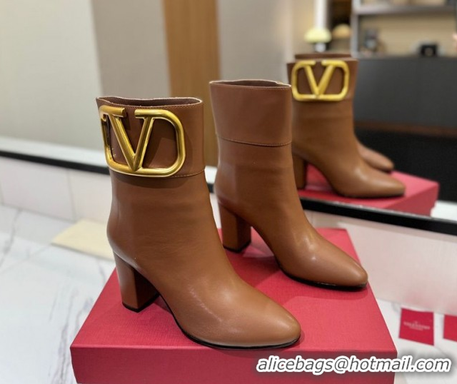 Good Quality Valentino Maxi-VLogo Heel Ankle Boots 8cm in Calfskin Leather Brown VLTN121603 51216027