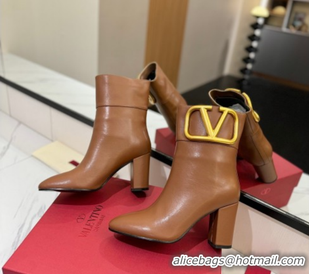 Good Quality Valentino Maxi-VLogo Heel Ankle Boots 8cm in Calfskin Leather Brown VLTN121603 51216027