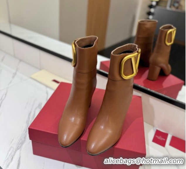 Good Quality Valentino Maxi-VLogo Heel Ankle Boots 8cm in Calfskin Leather Brown VLTN121603 51216027