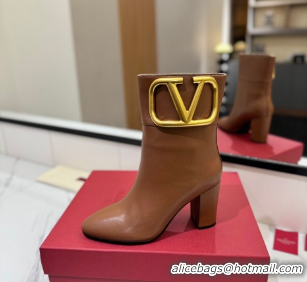 Good Quality Valentino Maxi-VLogo Heel Ankle Boots 8cm in Calfskin Leather Brown VLTN121603 51216027