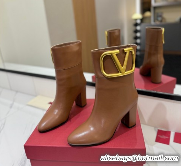 Good Quality Valentino Maxi-VLogo Heel Ankle Boots 8cm in Calfskin Leather Brown VLTN121603 51216027
