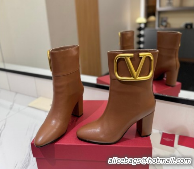 Good Quality Valentino Maxi-VLogo Heel Ankle Boots 8cm in Calfskin Leather Brown VLTN121603 51216027