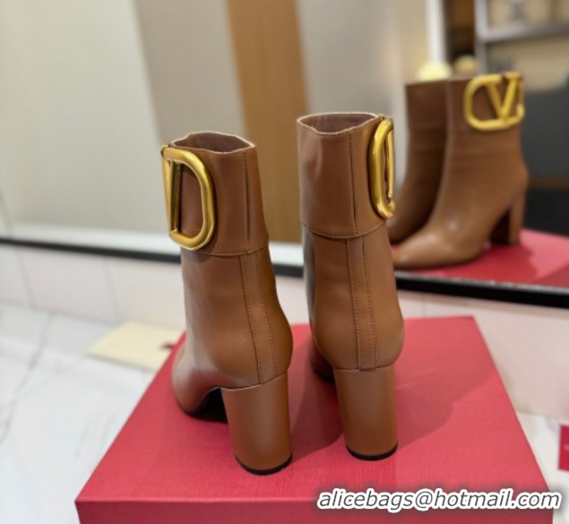 Good Quality Valentino Maxi-VLogo Heel Ankle Boots 8cm in Calfskin Leather Brown VLTN121603 51216027
