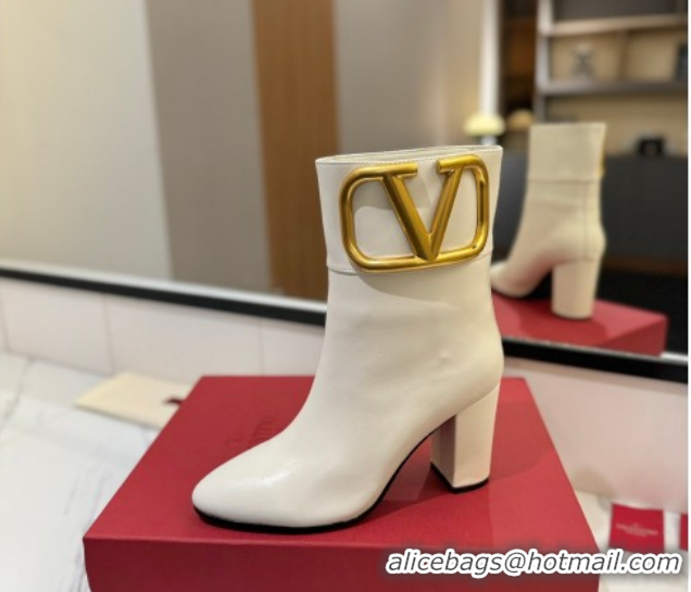 Grade Quality Valentino Maxi-VLogo Heel Ankle Boots 8cm in Calfskin Leather White VLTN121603 51216028
