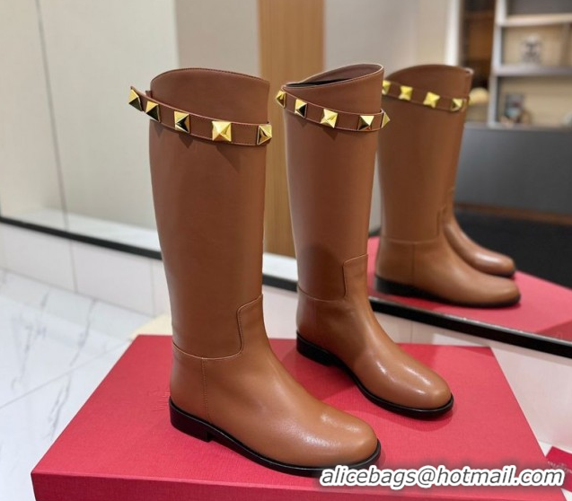 Best Grade Valentino Maxi-Rockstud Flat High Boots in Calfskin Leather Brown VLTN121604 1216029