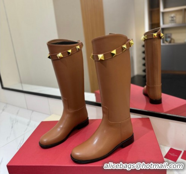 Best Grade Valentino Maxi-Rockstud Flat High Boots in Calfskin Leather Brown VLTN121604 1216029
