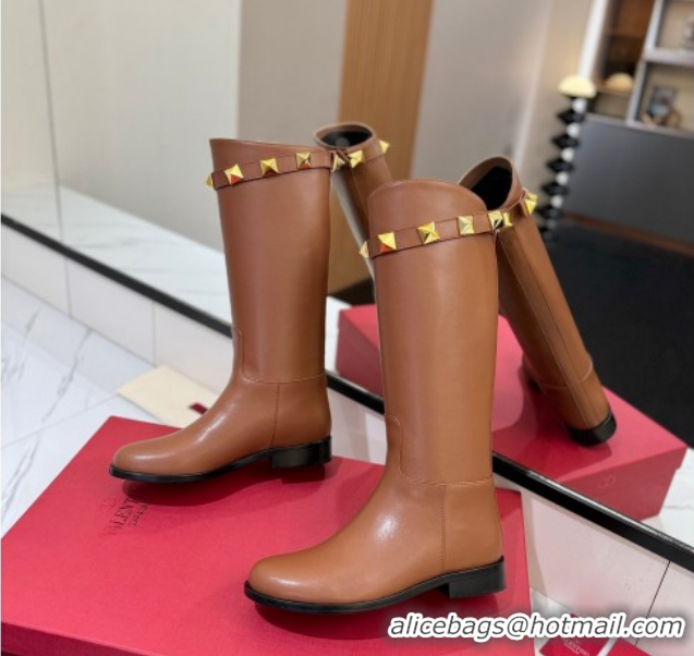 Best Grade Valentino Maxi-Rockstud Flat High Boots in Calfskin Leather Brown VLTN121604 1216029