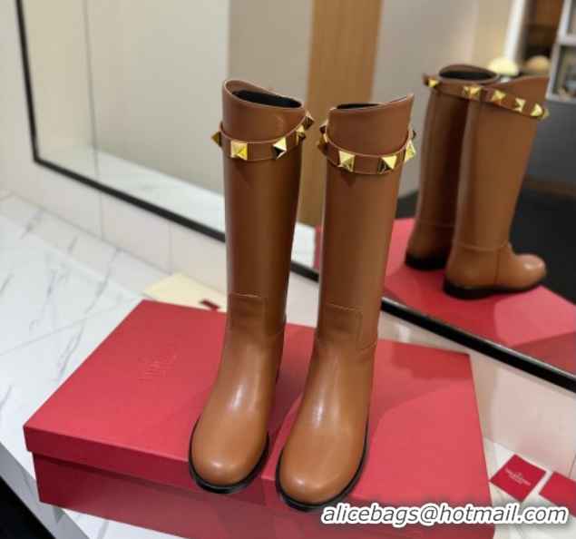 Best Grade Valentino Maxi-Rockstud Flat High Boots in Calfskin Leather Brown VLTN121604 1216029