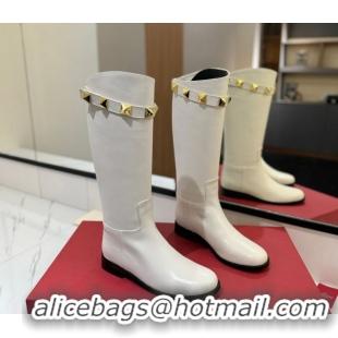 Luxurious Valentino Maxi-Rockstud Flat High Boots in Calfskin Leather White VLTN121604 1216030