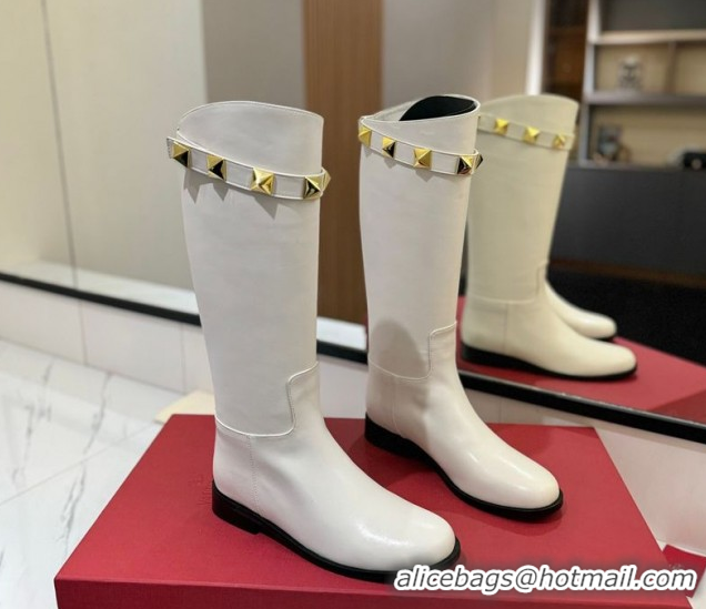 Luxurious Valentino Maxi-Rockstud Flat High Boots in Calfskin Leather White VLTN121604 1216030