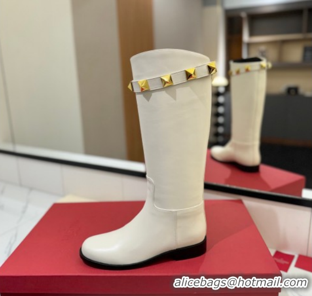 Luxurious Valentino Maxi-Rockstud Flat High Boots in Calfskin Leather White VLTN121604 1216030
