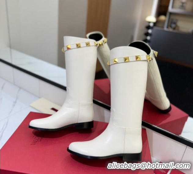 Luxurious Valentino Maxi-Rockstud Flat High Boots in Calfskin Leather White VLTN121604 1216030