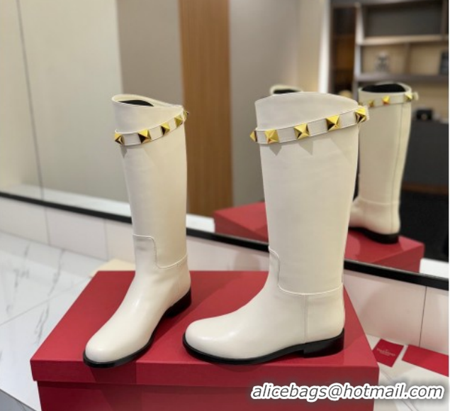 Luxurious Valentino Maxi-Rockstud Flat High Boots in Calfskin Leather White VLTN121604 1216030