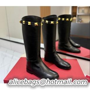 Unique Style Valentino Maxi-Rockstud Flat High Boots in Calfskin Leather Black VLTN121604 1216031