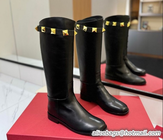 Unique Style Valentino Maxi-Rockstud Flat High Boots in Calfskin Leather Black VLTN121604 1216031