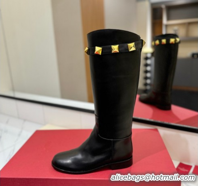 Unique Style Valentino Maxi-Rockstud Flat High Boots in Calfskin Leather Black VLTN121604 1216031