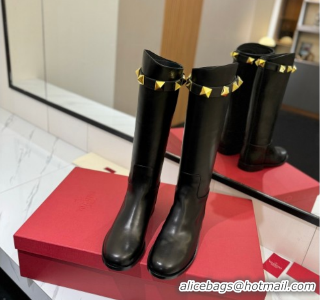 Unique Style Valentino Maxi-Rockstud Flat High Boots in Calfskin Leather Black VLTN121604 1216031